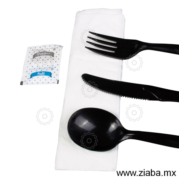 Kit de cubiertos desechables 5 en 1 de color negro envuelto –  Tenedor/Cuchara/Cuchillo/Servilleta/Sal y Pimienta – Kit de cubiertos  desechables